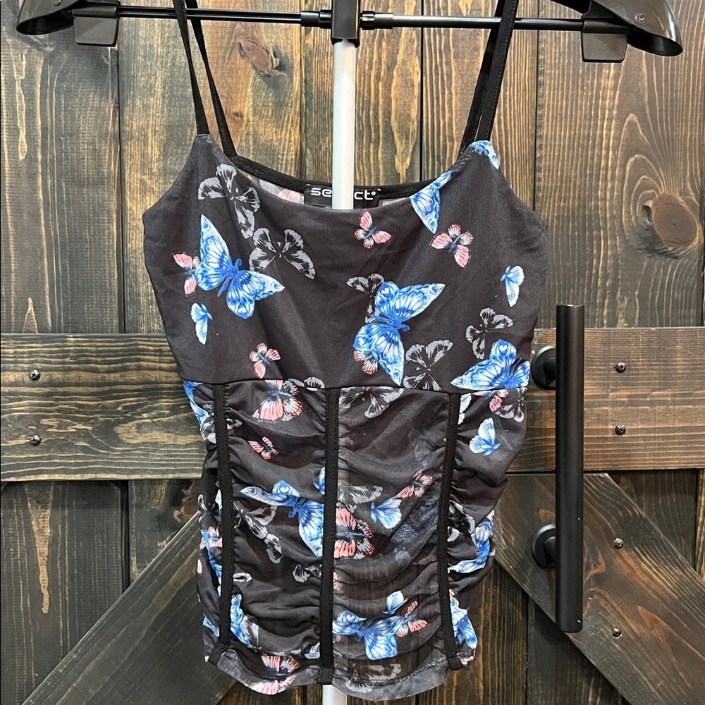 Y2K Ruched Butterfly Top M‎ Floral Corset Cami Black Dark Coquette Fairy Grunge